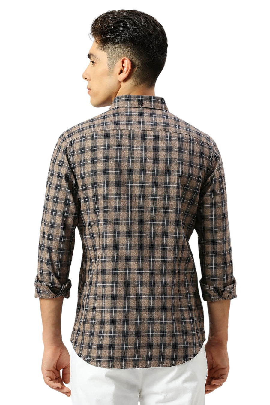 BASICS SLIM FIT ALMOND BROWN COTTON TWILL GRINDLE CHECKS SHIRT