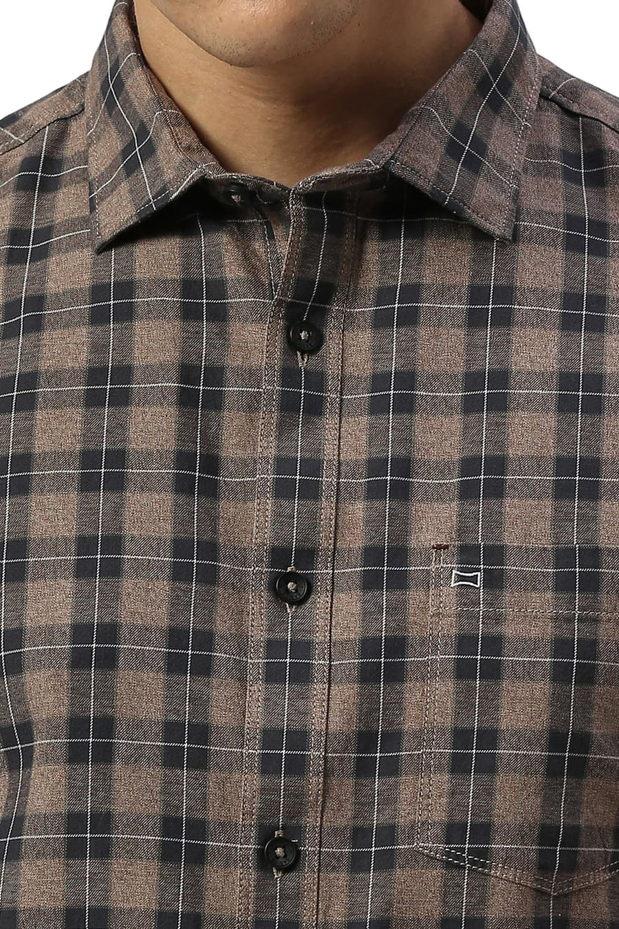 BASICS SLIM FIT ALMOND BROWN COTTON TWILL GRINDLE CHECKS HALFSLEEVES SHIRT