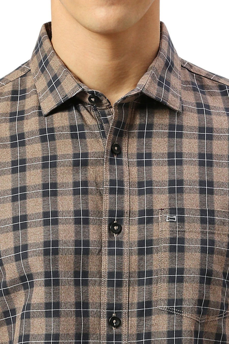 BASICS SLIM FIT ALMOND BROWN COTTON TWILL GRINDLE CHECKS SHIRT