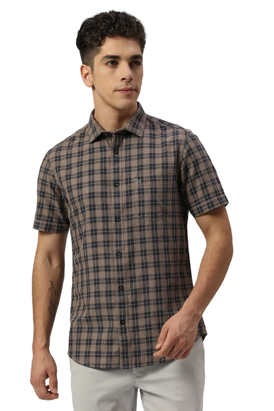 BASICS SLIM FIT ALMOND BROWN COTTON TWILL GRINDLE CHECKS HALFSLEEVES SHIRT