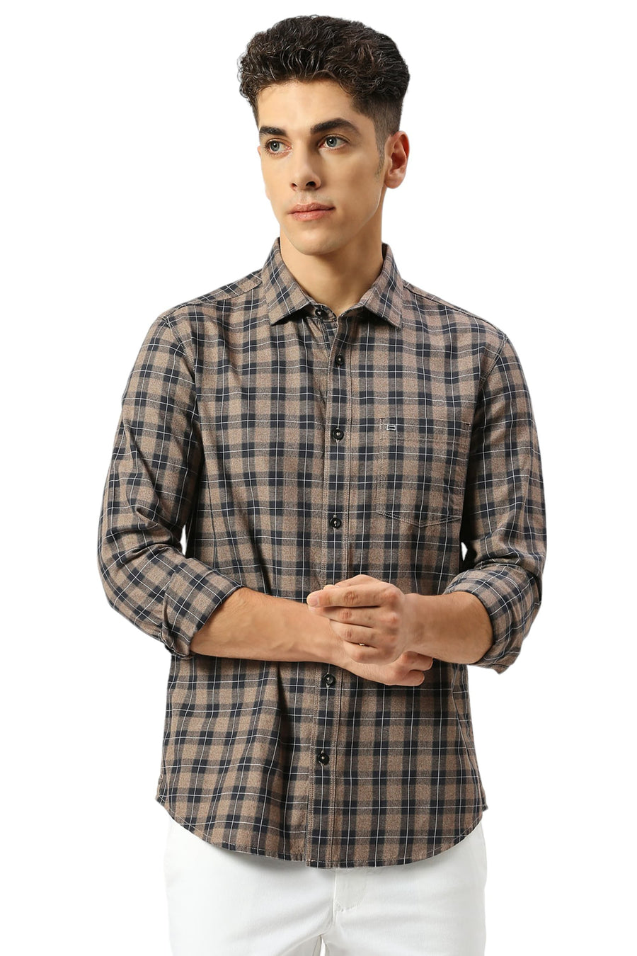 BASICS SLIM FIT ALMOND BROWN COTTON TWILL GRINDLE CHECKS SHIRT