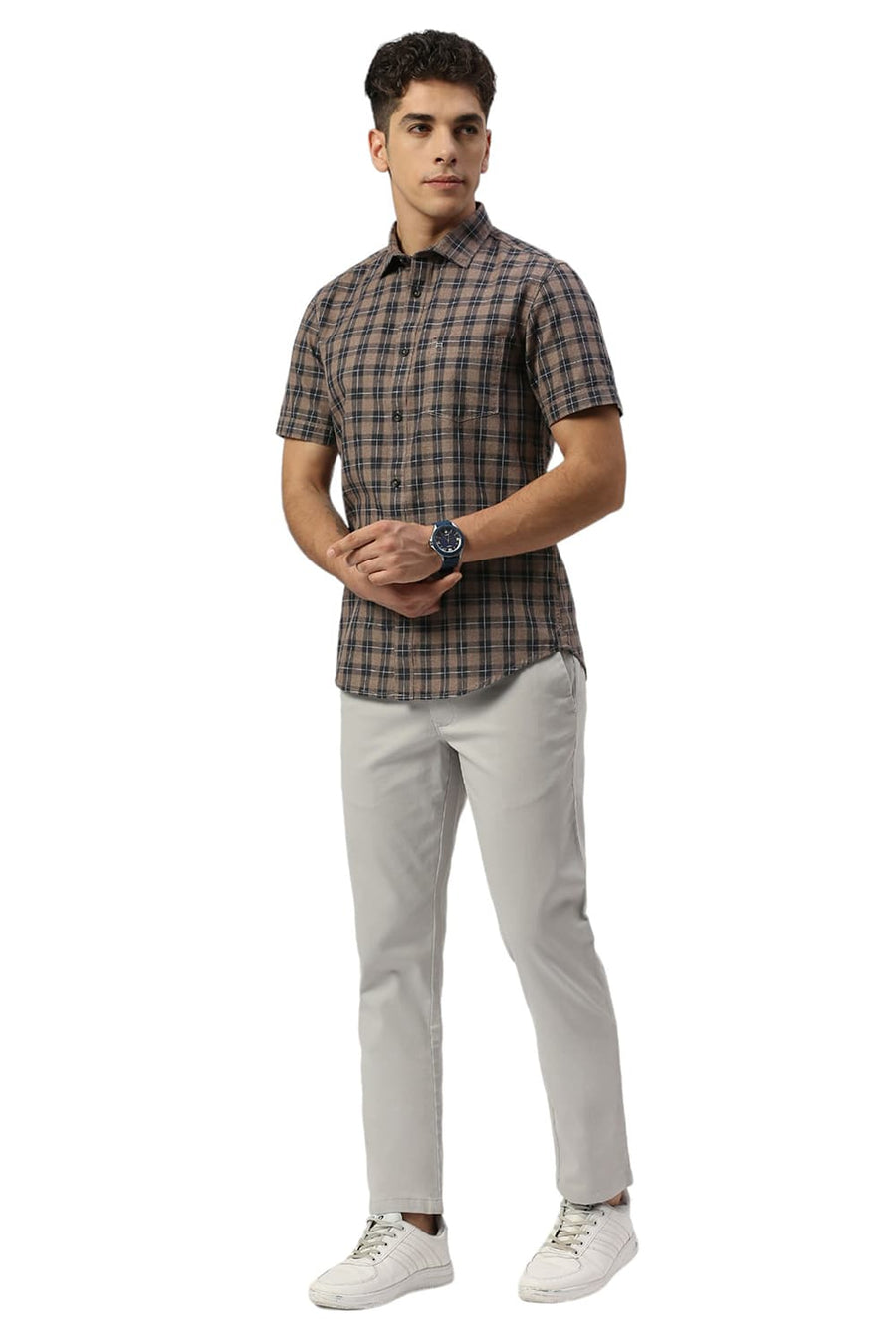 BASICS SLIM FIT ALMOND BROWN COTTON TWILL GRINDLE CHECKS HALFSLEEVES SHIRT