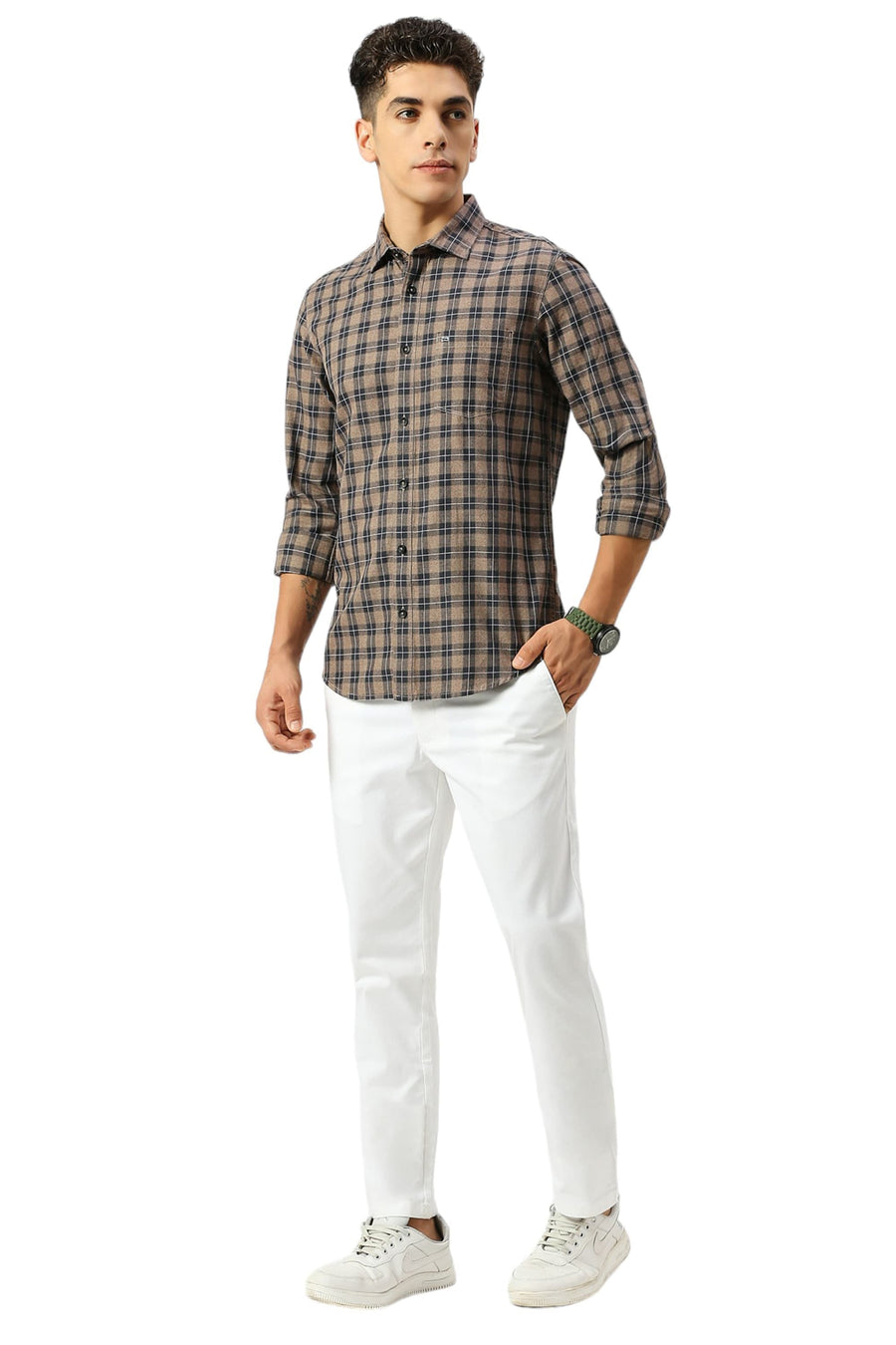 BASICS SLIM FIT ALMOND BROWN COTTON TWILL GRINDLE CHECKS SHIRT