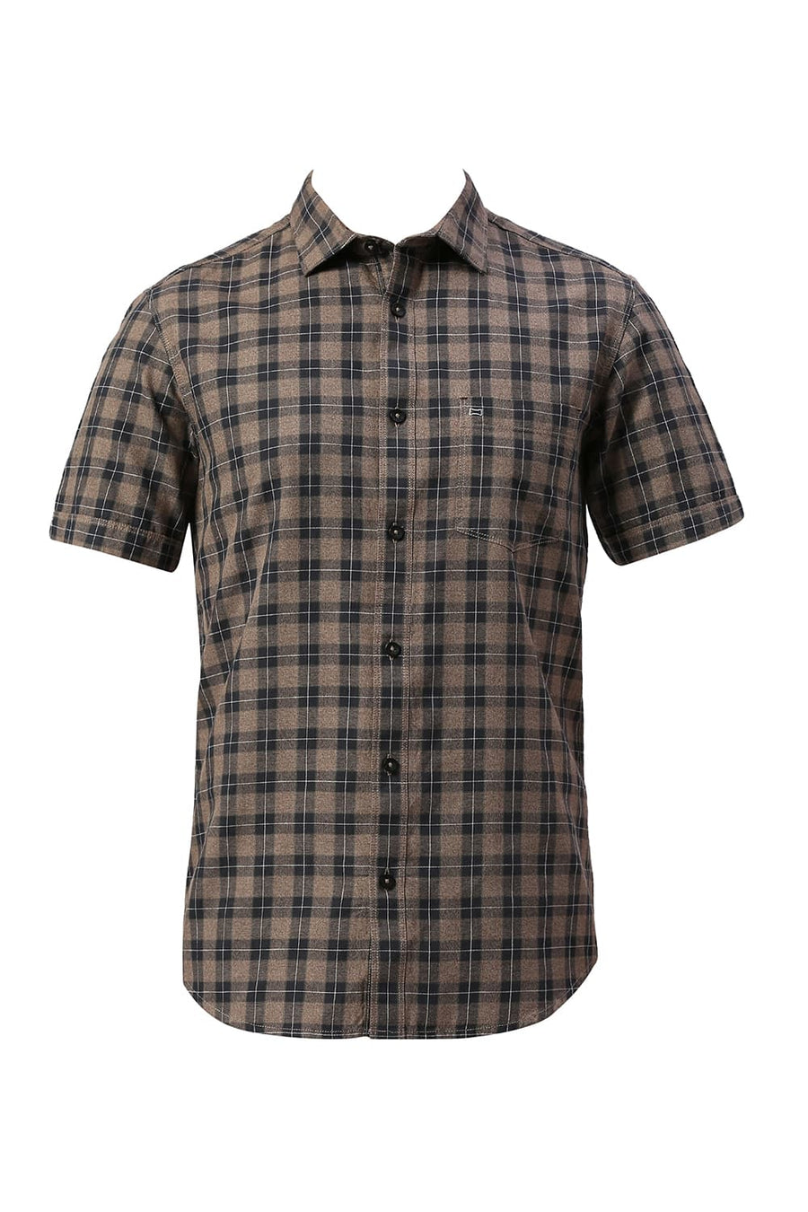 BASICS SLIM FIT ALMOND BROWN COTTON TWILL GRINDLE CHECKS HALFSLEEVES SHIRT