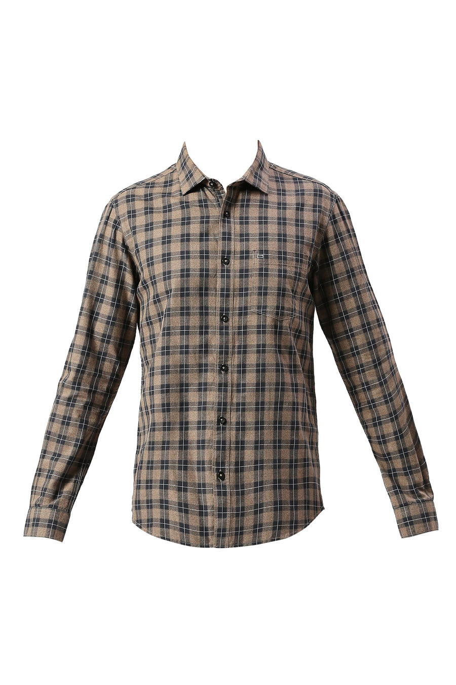 BASICS SLIM FIT ALMOND BROWN COTTON TWILL GRINDLE CHECKS SHIRT