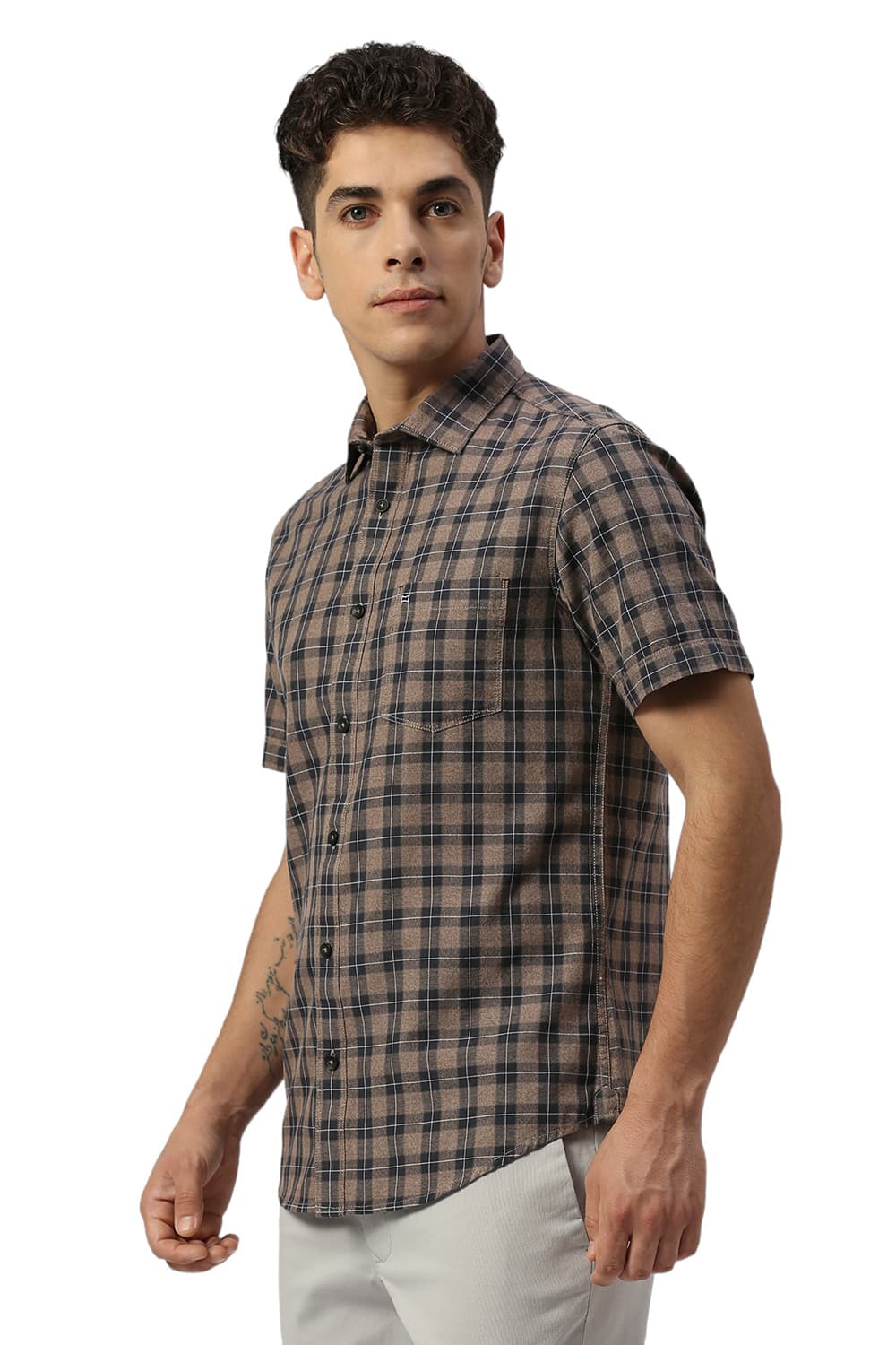 SLIM FIT COTTON TWILL GRINDLE CHECKS HALFSLEEVES SHIRT