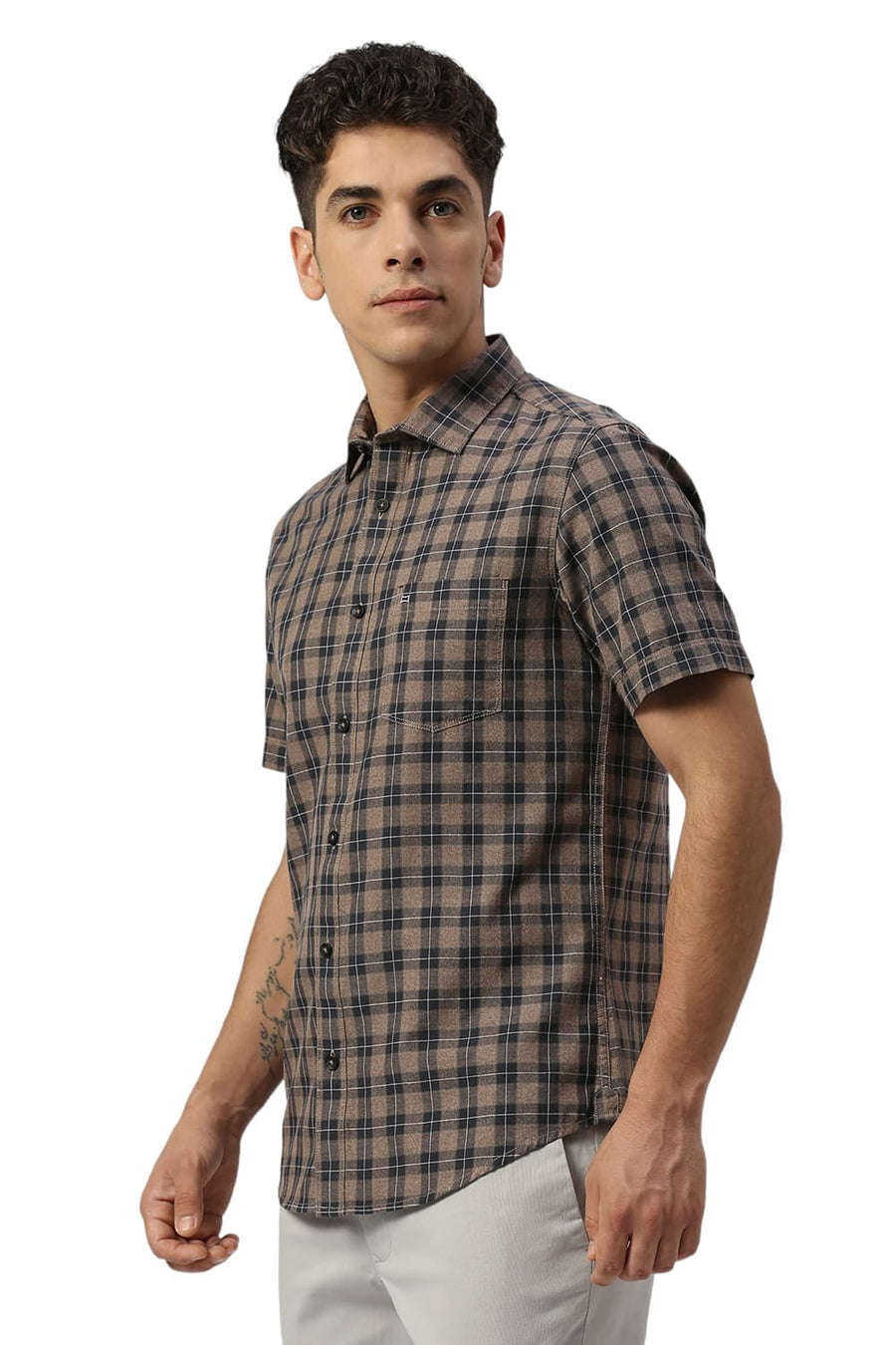 BASICS SLIM FIT ALMOND BROWN COTTON TWILL GRINDLE CHECKS HALFSLEEVES SHIRT