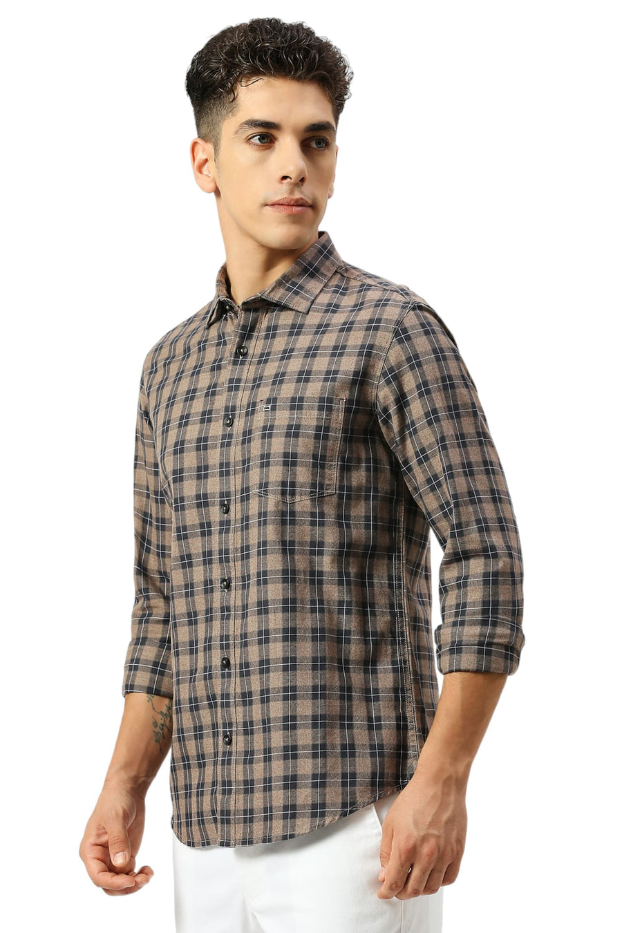 BASICS SLIM FIT ALMOND BROWN COTTON TWILL GRINDLE CHECKS SHIRT