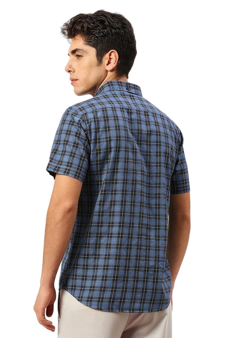 BASICS SLIM FIT ENSIGN BLUE COTTON TWILL GRINDLE CHECKS HALFSLEEVES SHIRT