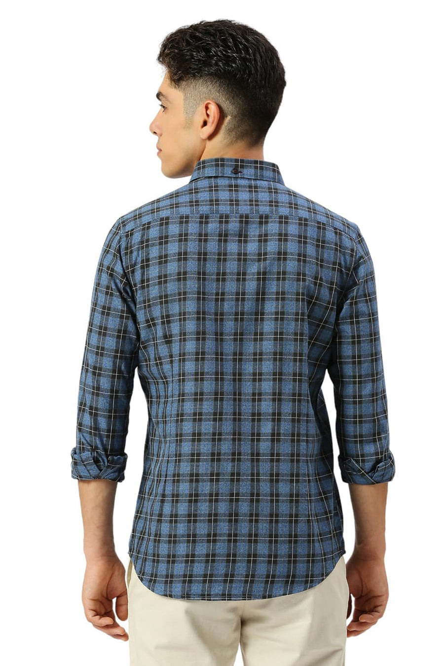 BASICS SLIM FIT ENSIGN BLUE COTTON TWILL GRINDLE CHECKS SHIRT
