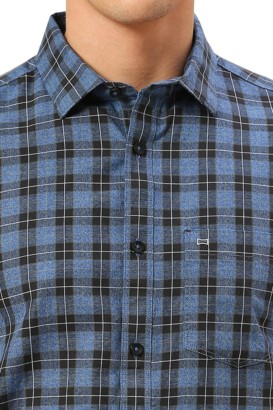 BASICS SLIM FIT ENSIGN BLUE COTTON TWILL GRINDLE CHECKS HALFSLEEVES SHIRT