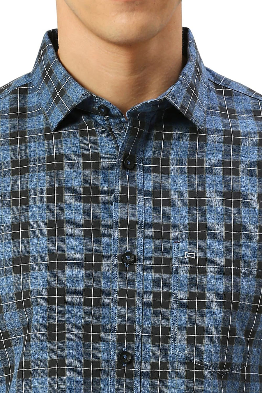 BASICS SLIM FIT ENSIGN BLUE COTTON TWILL GRINDLE CHECKS SHIRT