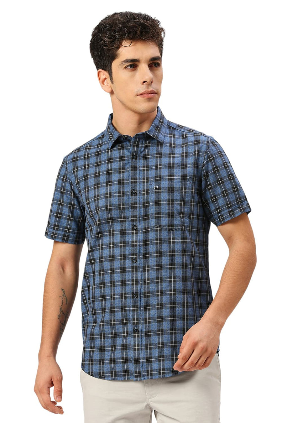 BASICS SLIM FIT ENSIGN BLUE COTTON TWILL GRINDLE CHECKS HALFSLEEVES SHIRT