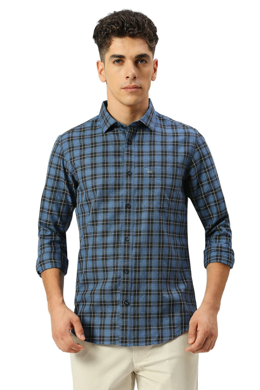 BASICS SLIM FIT ENSIGN BLUE COTTON TWILL GRINDLE CHECKS SHIRT