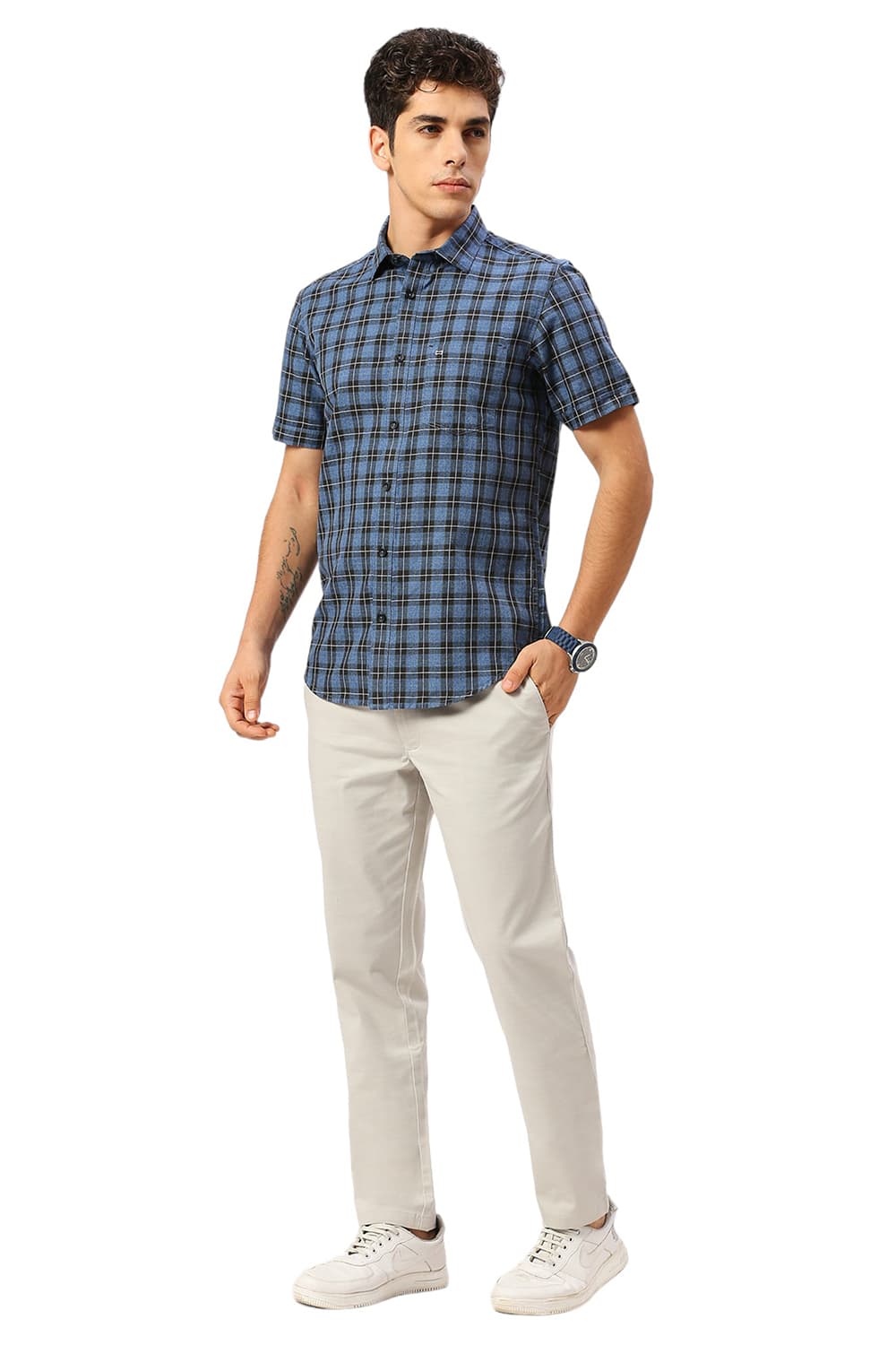 SLIM FIT COTTON TWILL GRINDLE CHECKS HALFSLEEVES SHIRT