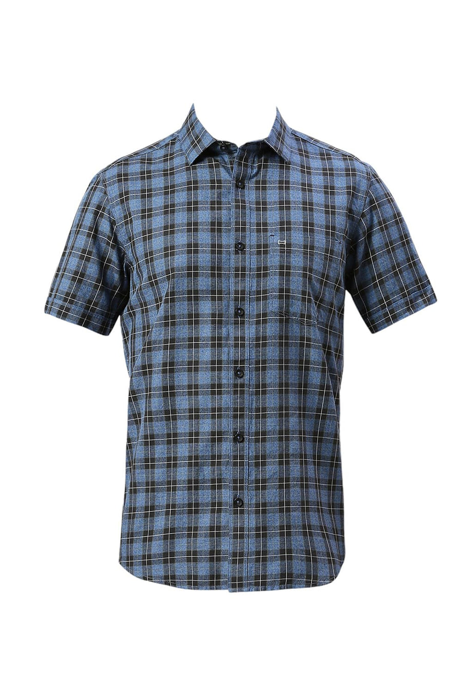 BASICS SLIM FIT ENSIGN BLUE COTTON TWILL GRINDLE CHECKS HALFSLEEVES SHIRT
