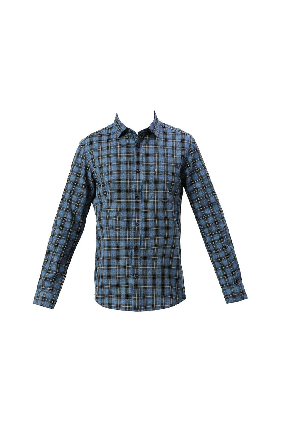 BASICS SLIM FIT ENSIGN BLUE COTTON TWILL GRINDLE CHECKS SHIRT