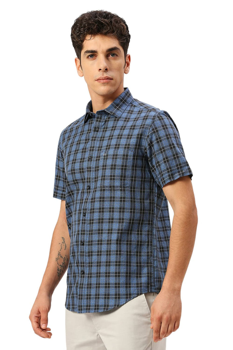 BASICS SLIM FIT ENSIGN BLUE COTTON TWILL GRINDLE CHECKS HALFSLEEVES SHIRT