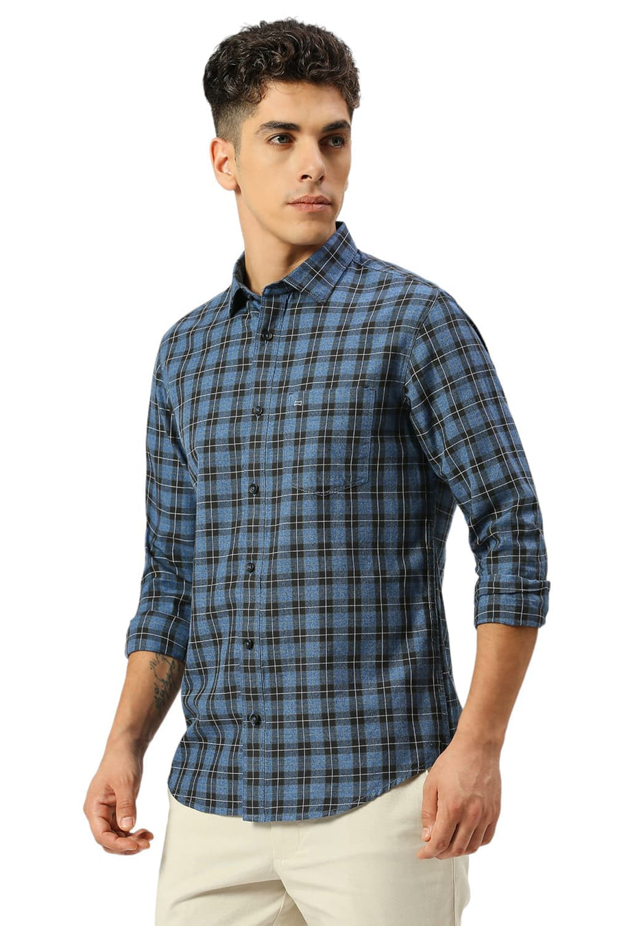 BASICS SLIM FIT ENSIGN BLUE COTTON TWILL GRINDLE CHECKS SHIRT