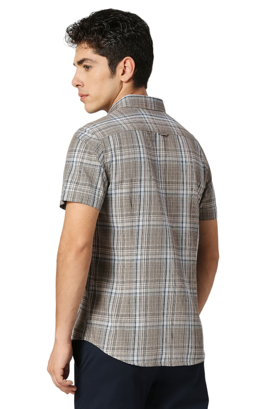 BASICS SLIM FIT CHOCOLATE BROWN COTTON TWILL CHECKS HALFSLEEVES SHIRT