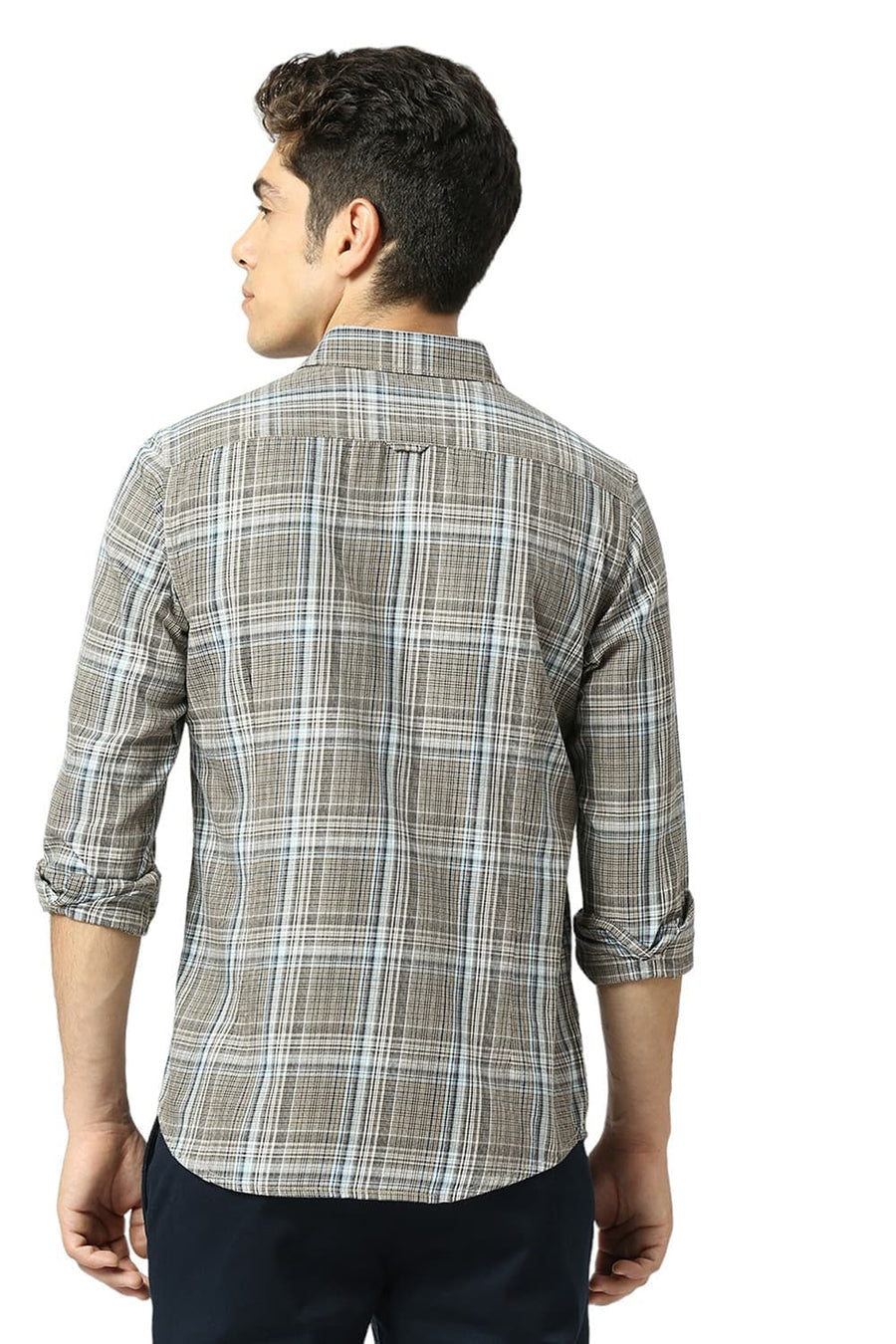 BASICS SLIM FIT CHOCOLATE BROWN COTTON TWILL CHECKS SHIRT