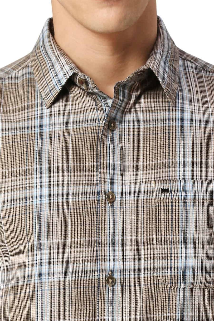 BASICS SLIM FIT CHOCOLATE BROWN COTTON TWILL CHECKS HALFSLEEVES SHIRT