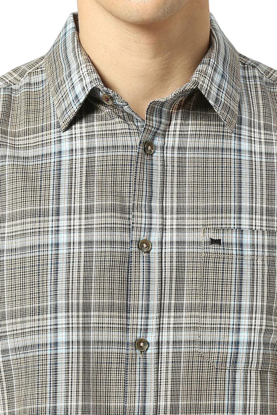 BASICS SLIM FIT CHOCOLATE BROWN COTTON TWILL CHECKS SHIRT
