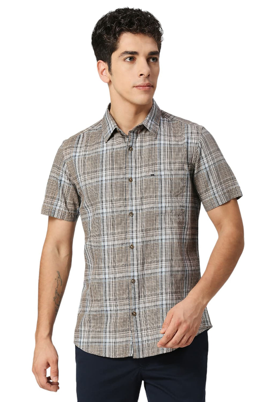 BASICS SLIM FIT CHOCOLATE BROWN COTTON TWILL CHECKS HALFSLEEVES SHIRT