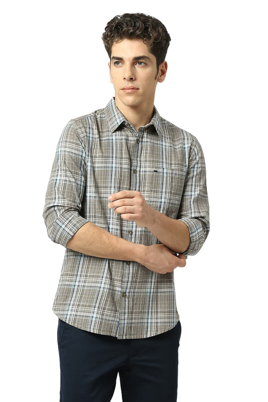 BASICS SLIM FIT CHOCOLATE BROWN COTTON TWILL CHECKS SHIRT