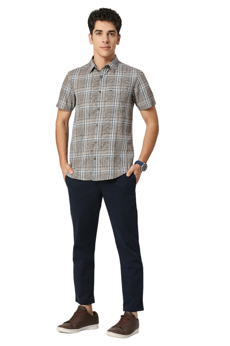 BASICS SLIM FIT CHOCOLATE BROWN COTTON TWILL CHECKS HALFSLEEVES SHIRT