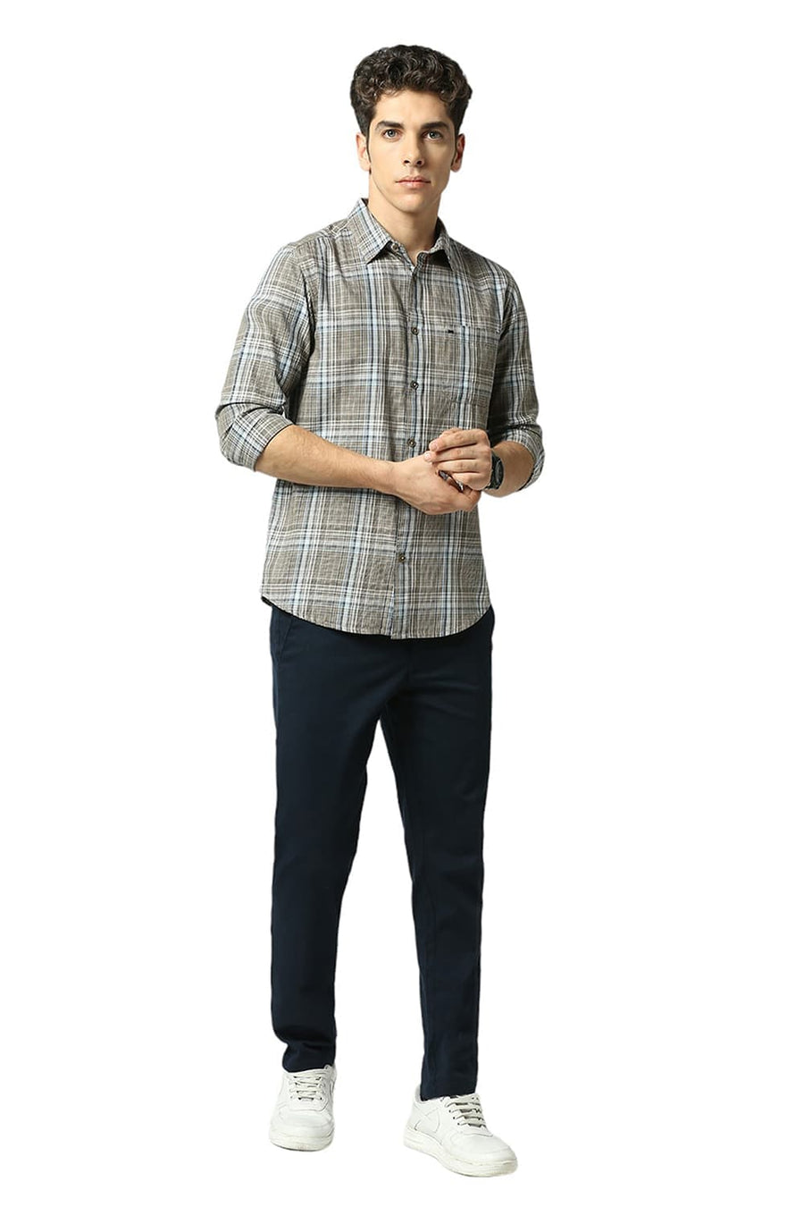 BASICS SLIM FIT CHOCOLATE BROWN COTTON TWILL CHECKS SHIRT