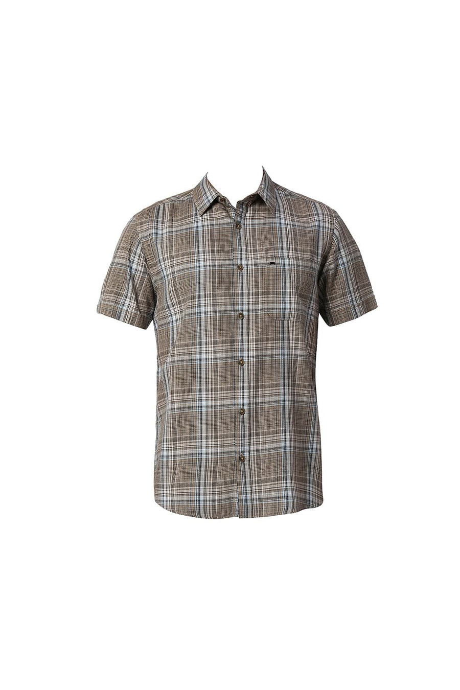 BASICS SLIM FIT CHOCOLATE BROWN COTTON TWILL CHECKS HALFSLEEVES SHIRT