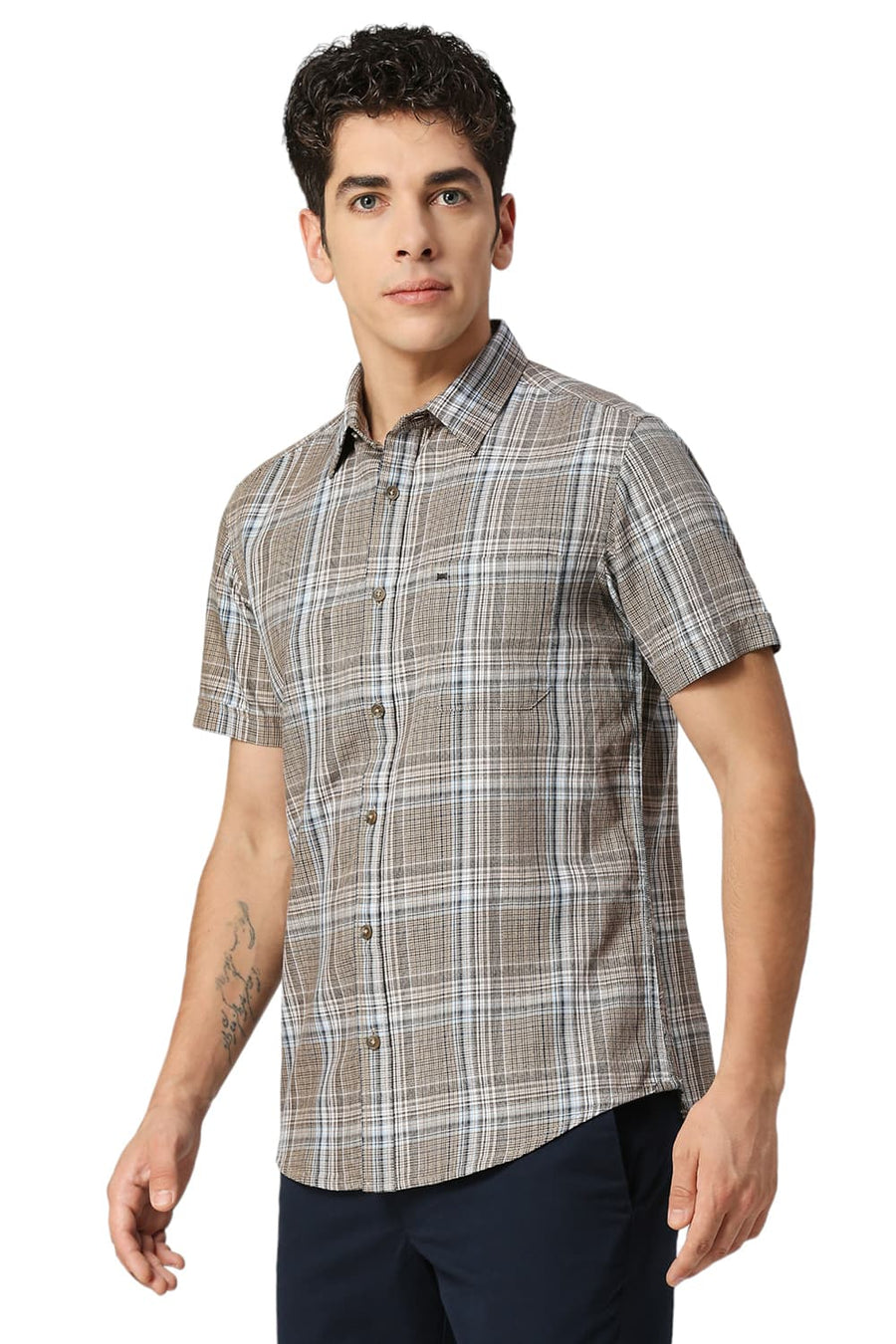 BASICS SLIM FIT CHOCOLATE BROWN COTTON TWILL CHECKS HALFSLEEVES SHIRT