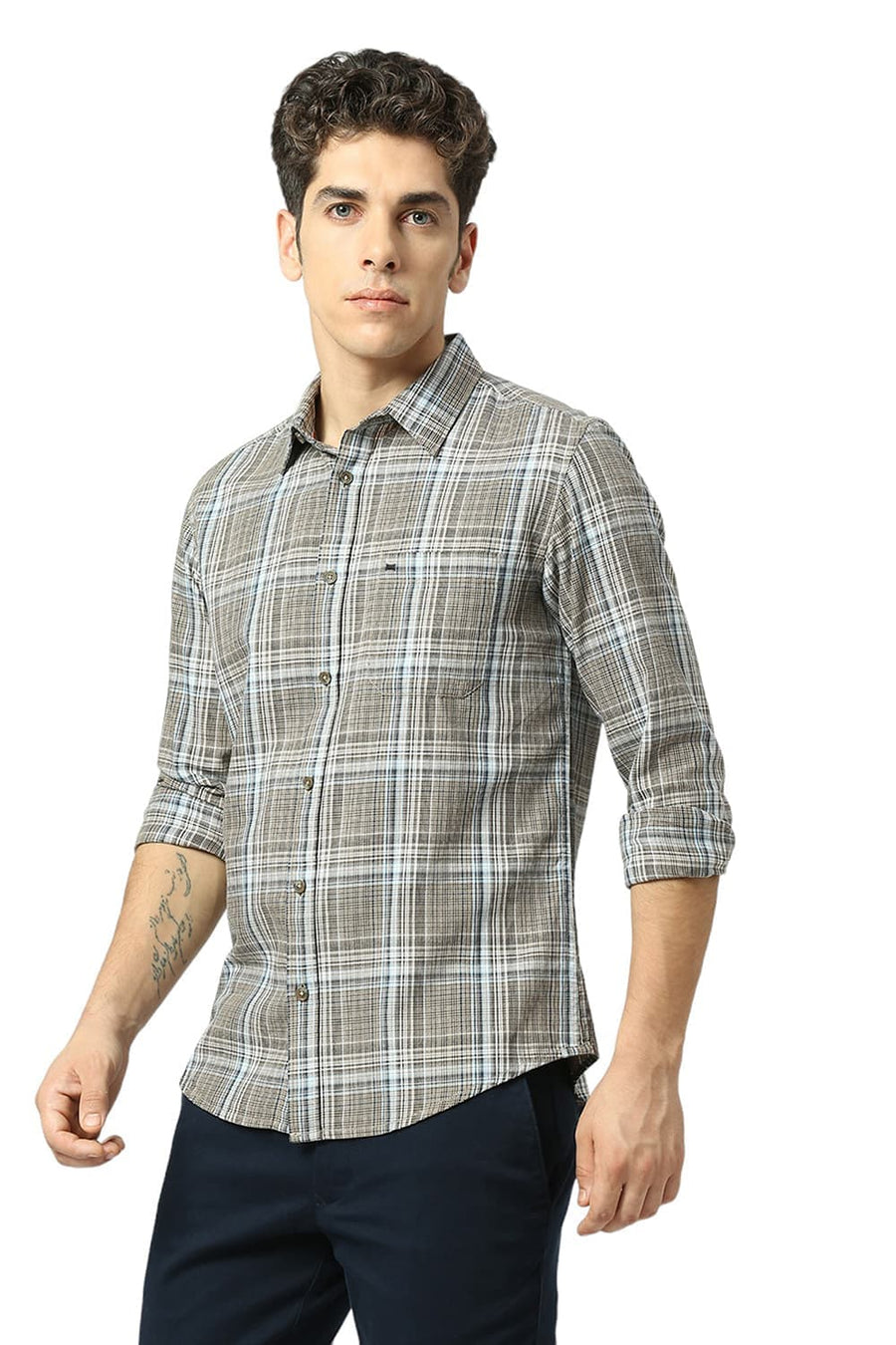 BASICS SLIM FIT CHOCOLATE BROWN COTTON TWILL CHECKS SHIRT