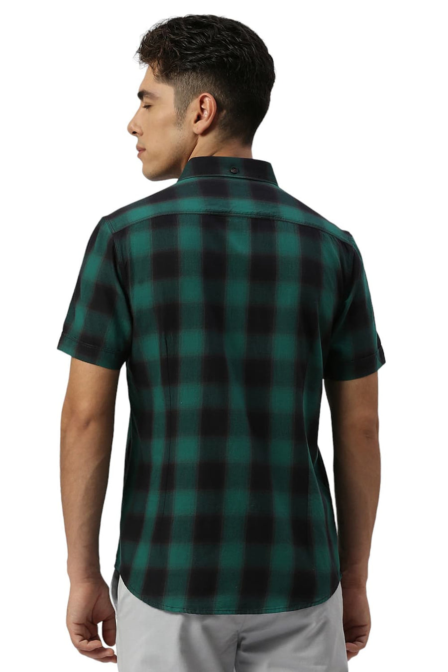 BASICS SLIM FIT MEADOW GREEN COTTON TWILL CHECKS HALFSLEEVES SHIRT