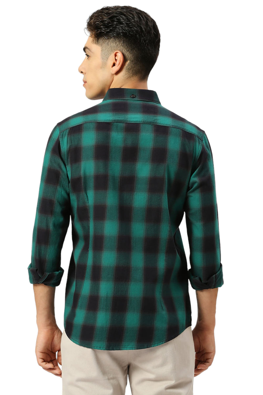 BASICS SLIM FIT MEADOW GREEN COTTON TWILL CHECKS SHIRT