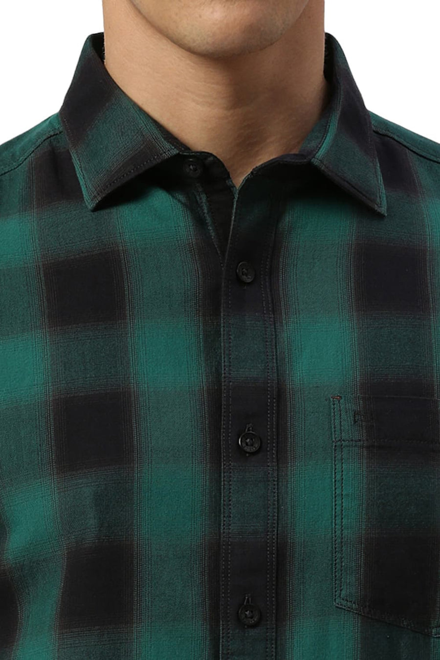 BASICS SLIM FIT MEADOW GREEN COTTON TWILL CHECKS HALFSLEEVES SHIRT