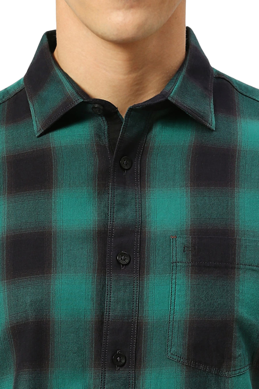 BASICS SLIM FIT MEADOW GREEN COTTON TWILL CHECKS SHIRT