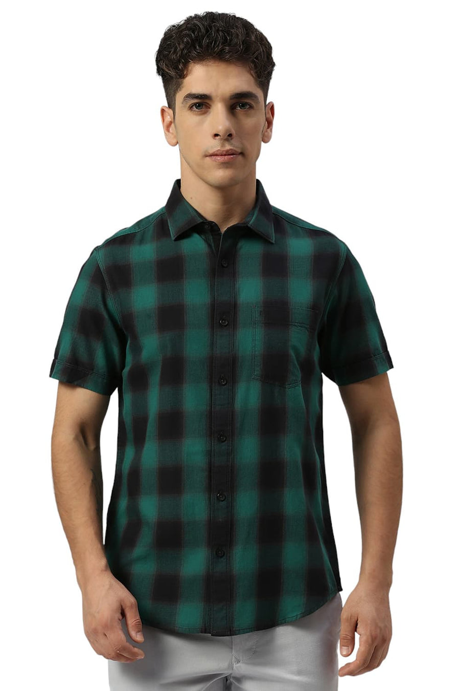 BASICS SLIM FIT MEADOW GREEN COTTON TWILL CHECKS HALFSLEEVES SHIRT
