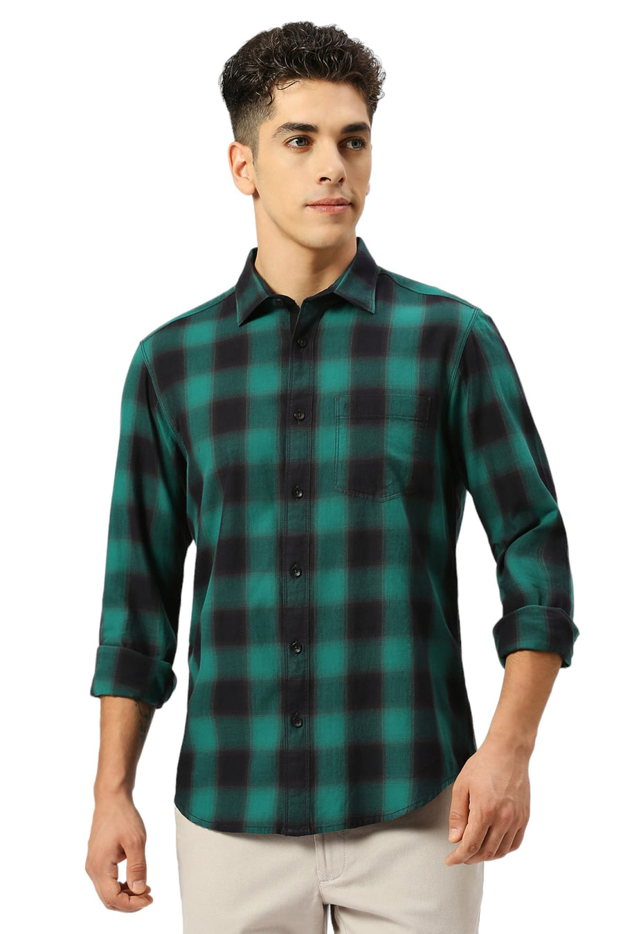 BASICS SLIM FIT MEADOW GREEN COTTON TWILL CHECKS SHIRT