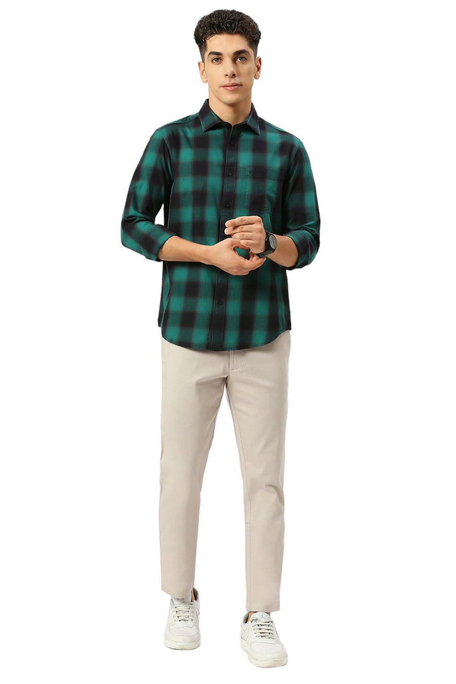 BASICS SLIM FIT MEADOW GREEN COTTON TWILL CHECKS SHIRT