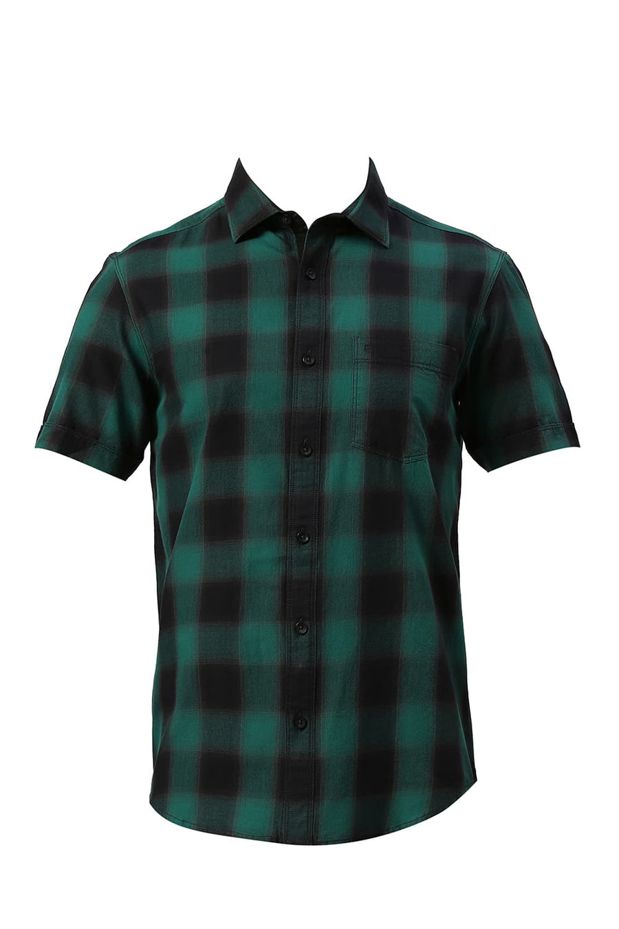 BASICS SLIM FIT MEADOW GREEN COTTON TWILL CHECKS HALFSLEEVES SHIRT
