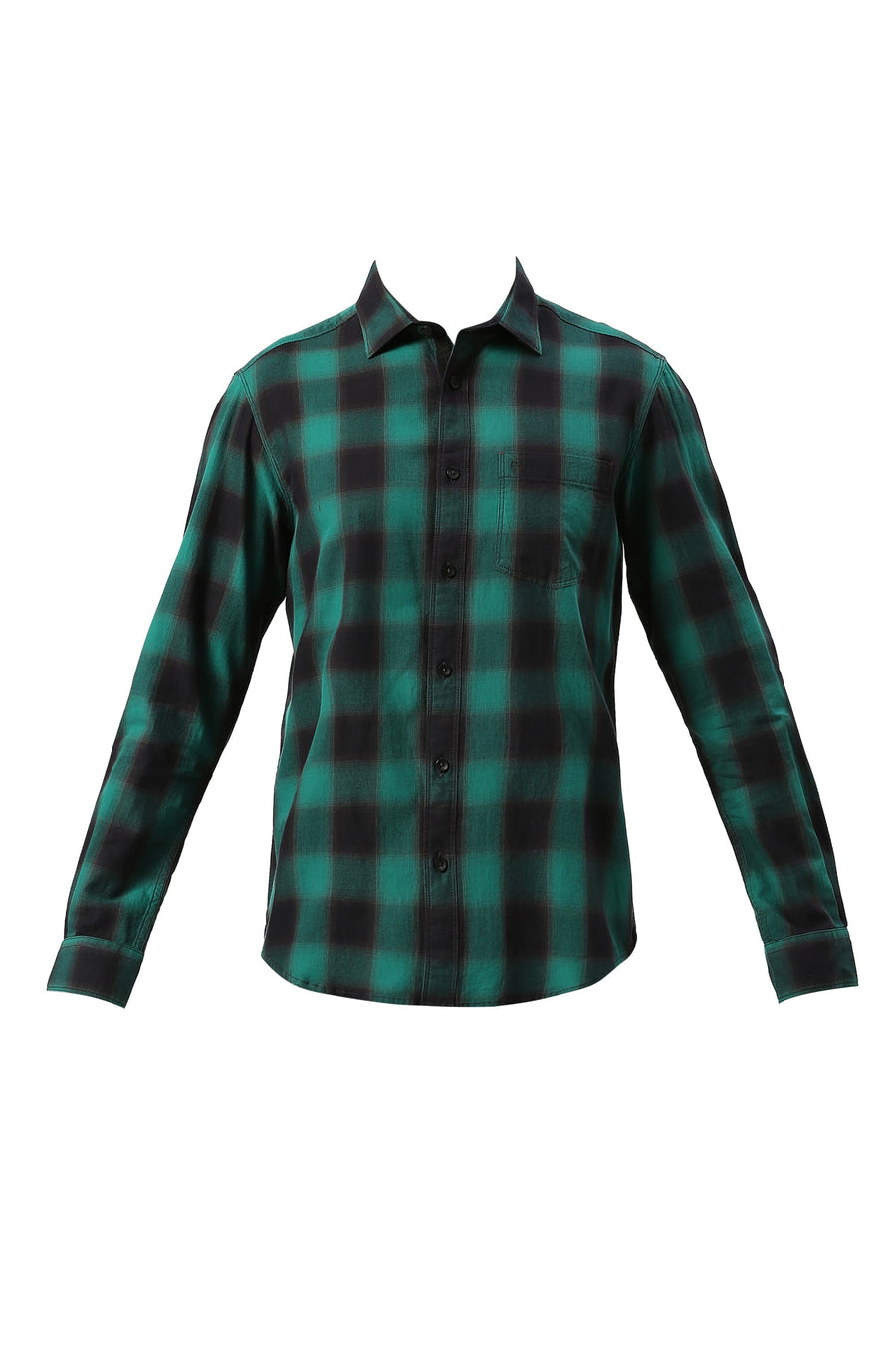 BASICS SLIM FIT MEADOW GREEN COTTON TWILL CHECKS SHIRT