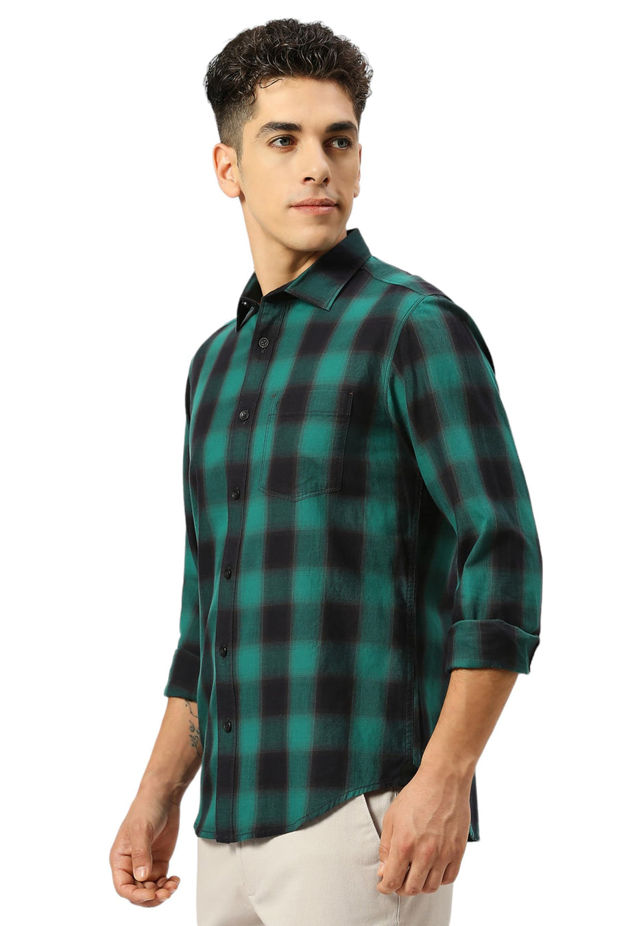 BASICS SLIM FIT MEADOW GREEN COTTON TWILL CHECKS SHIRT
