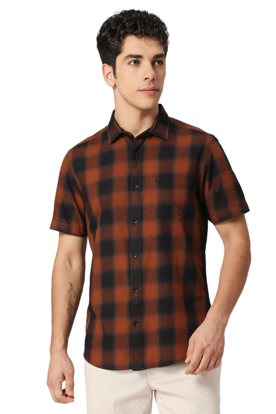 BASICS SLIM FIT PARTRIDGE COTTON TWILL CHECKS HALFSLEEVES SHIRT
