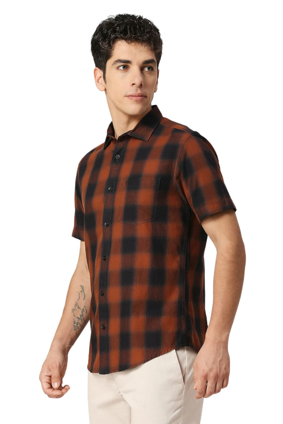 BASICS SLIM FIT PARTRIDGE COTTON TWILL CHECKS HALFSLEEVES SHIRT