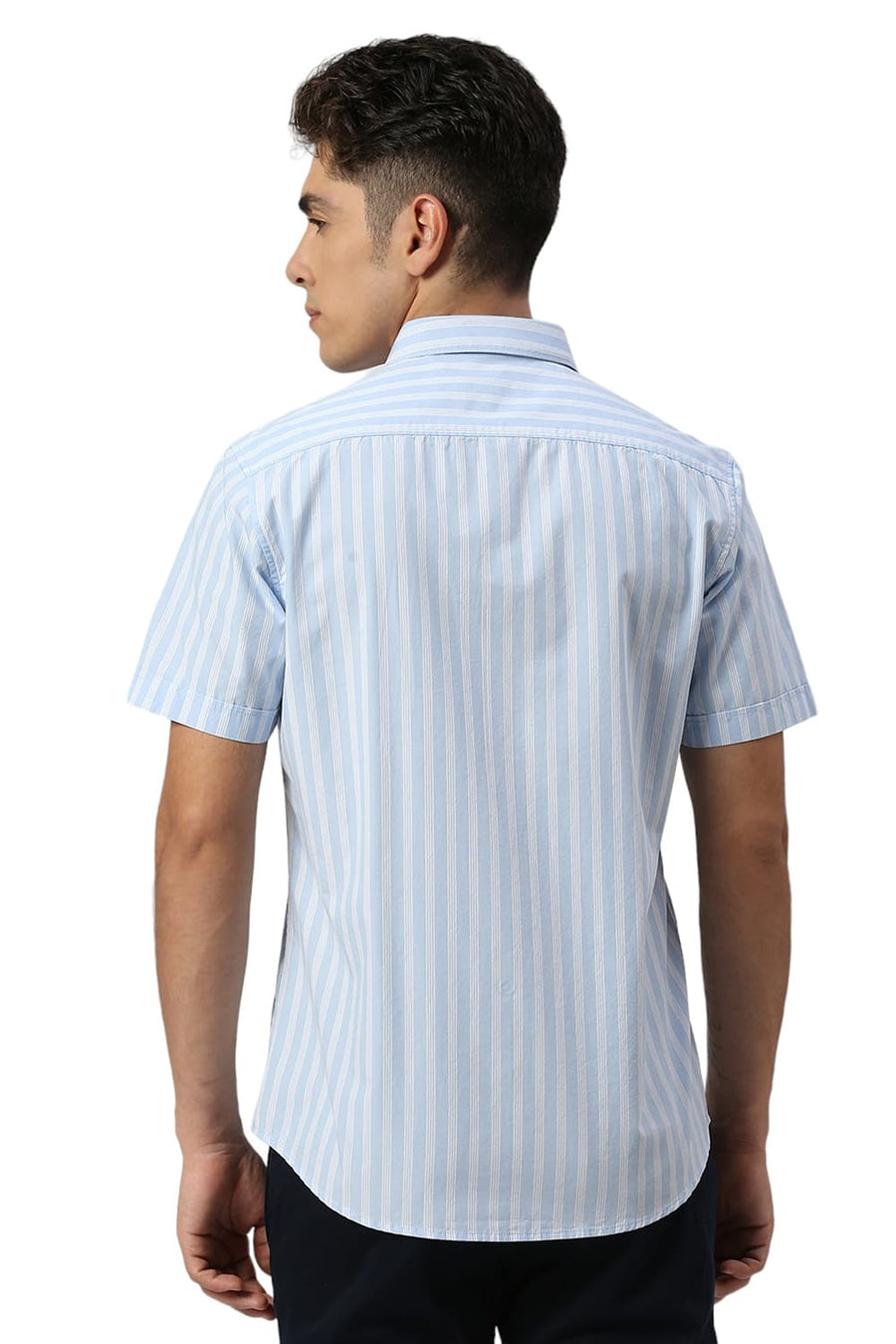 BASICS SLIM FIT BALLAD BLUE COTTON STRIPE HALFSLEEVES SHIRT