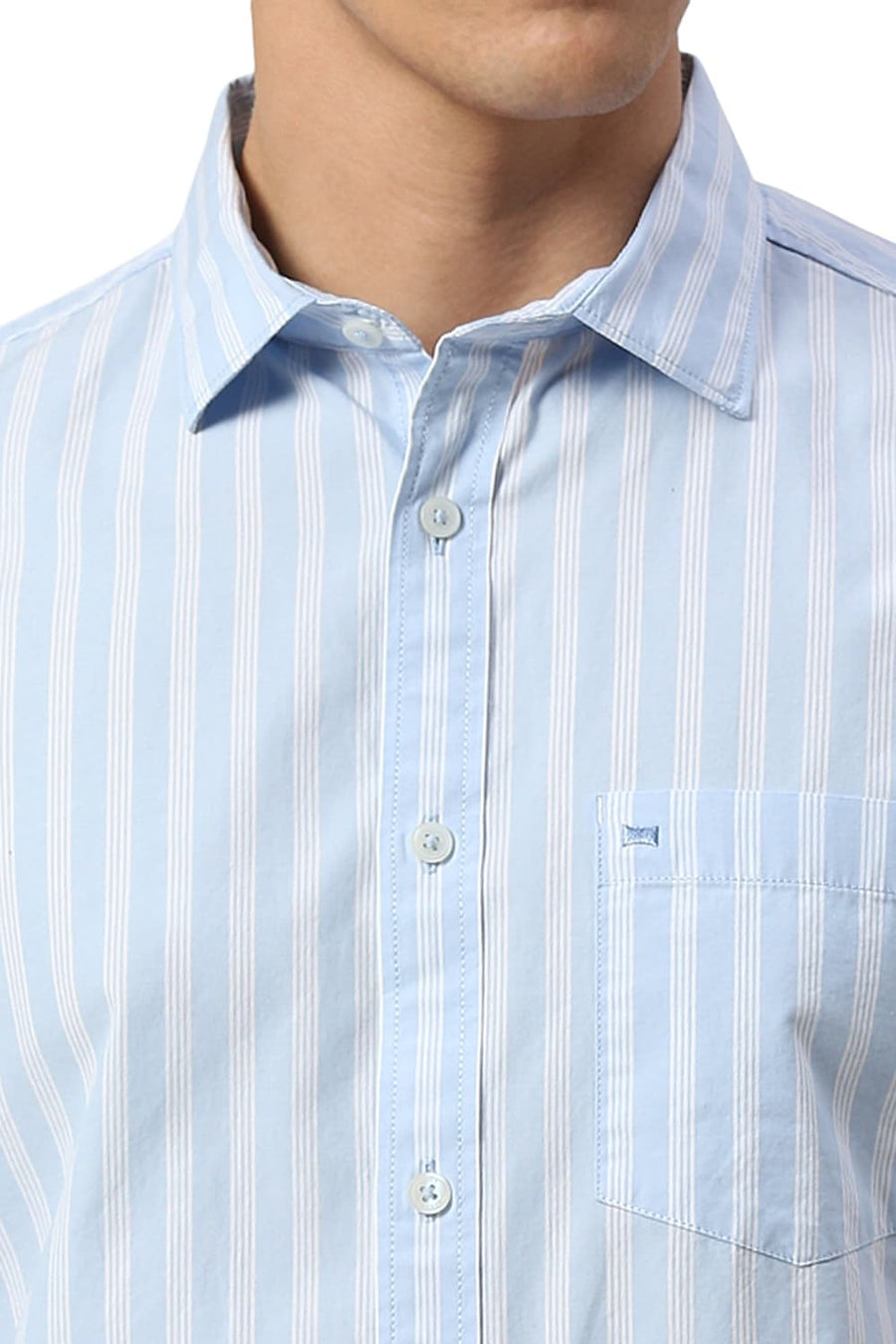 BASICS SLIM FIT BALLAD BLUE COTTON STRIPE HALFSLEEVES SHIRT