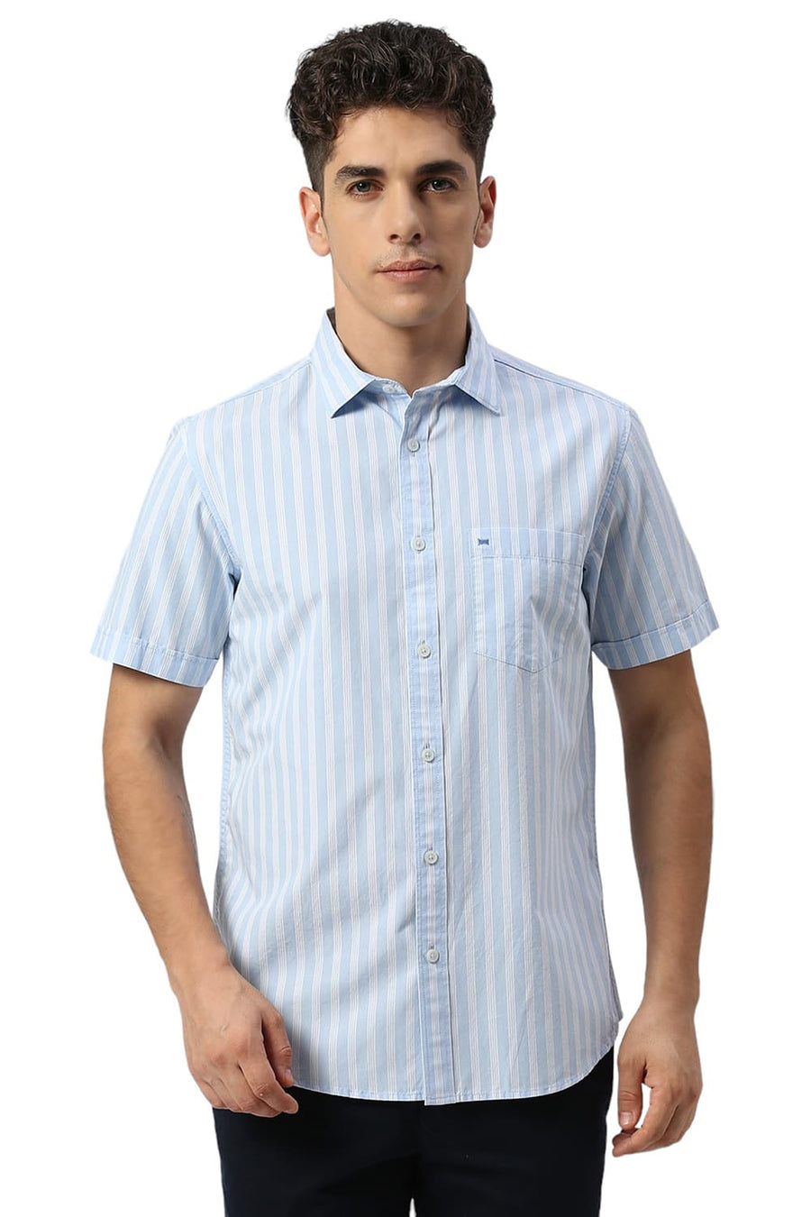 BASICS SLIM FIT BALLAD BLUE COTTON STRIPE HALFSLEEVES SHIRT