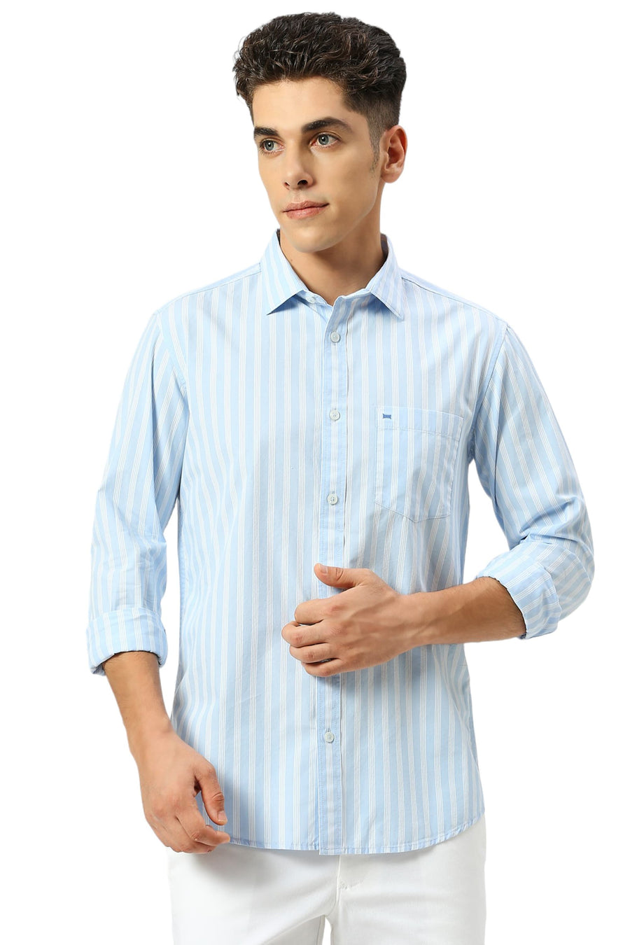 BASICS SLIM FIT BALLAD BLUE COTTON STRIPE SHIRT